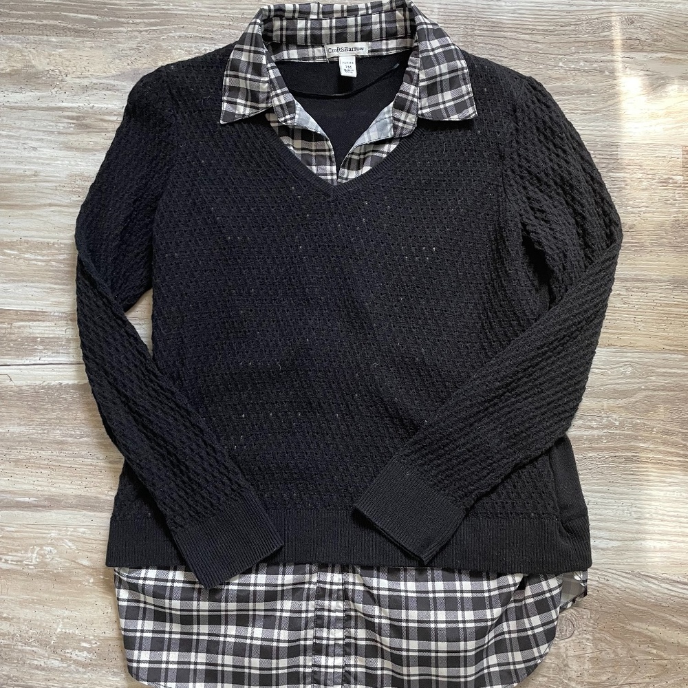 Croft & Barrow Women's Mock Layered Sweater  Black & White Plaid PM